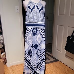 London Style Elegant Navy and White Halter Maxi Dress